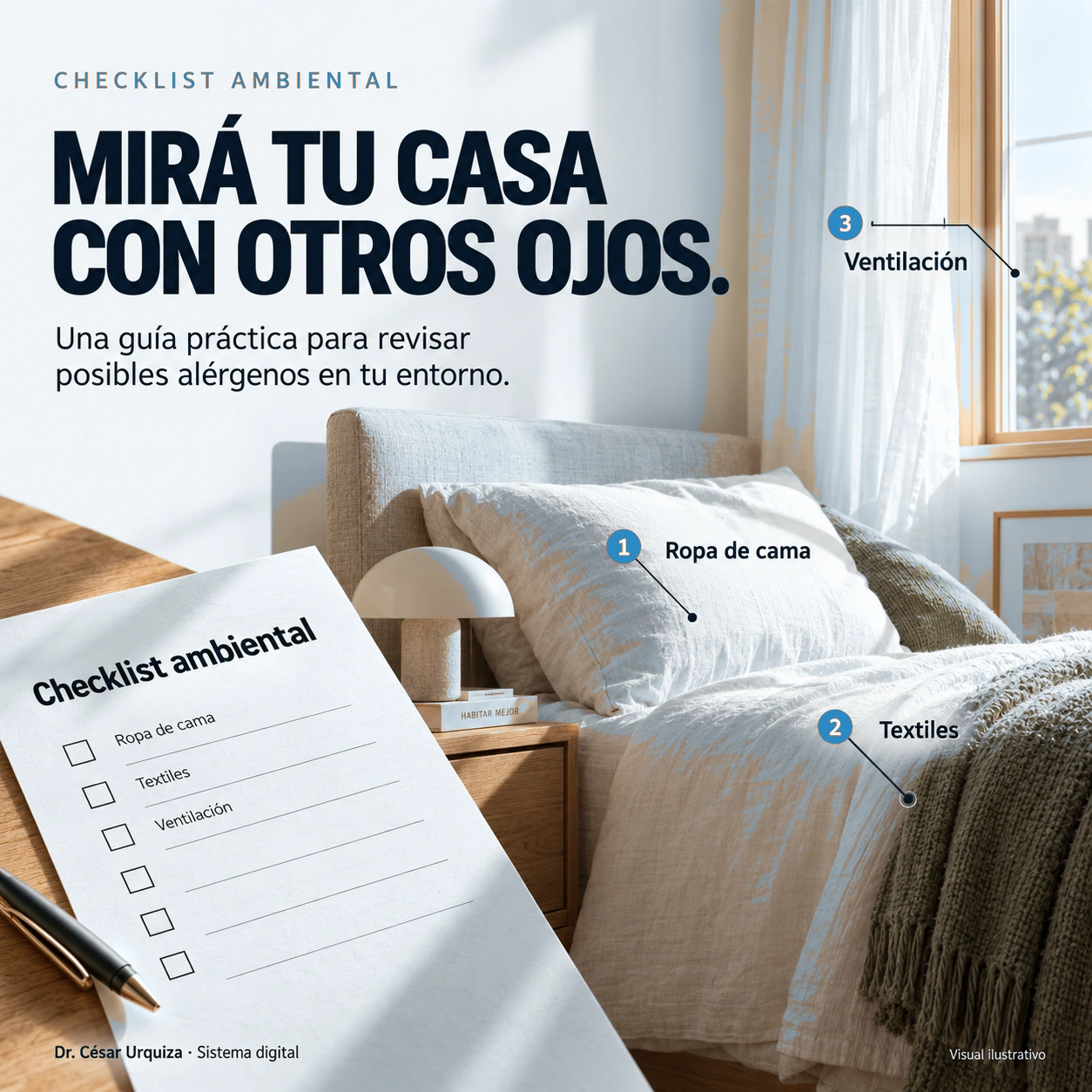 Checklist ambiental: revisión de ropa de cama, textiles y ventilación. Visual ilustrativo.