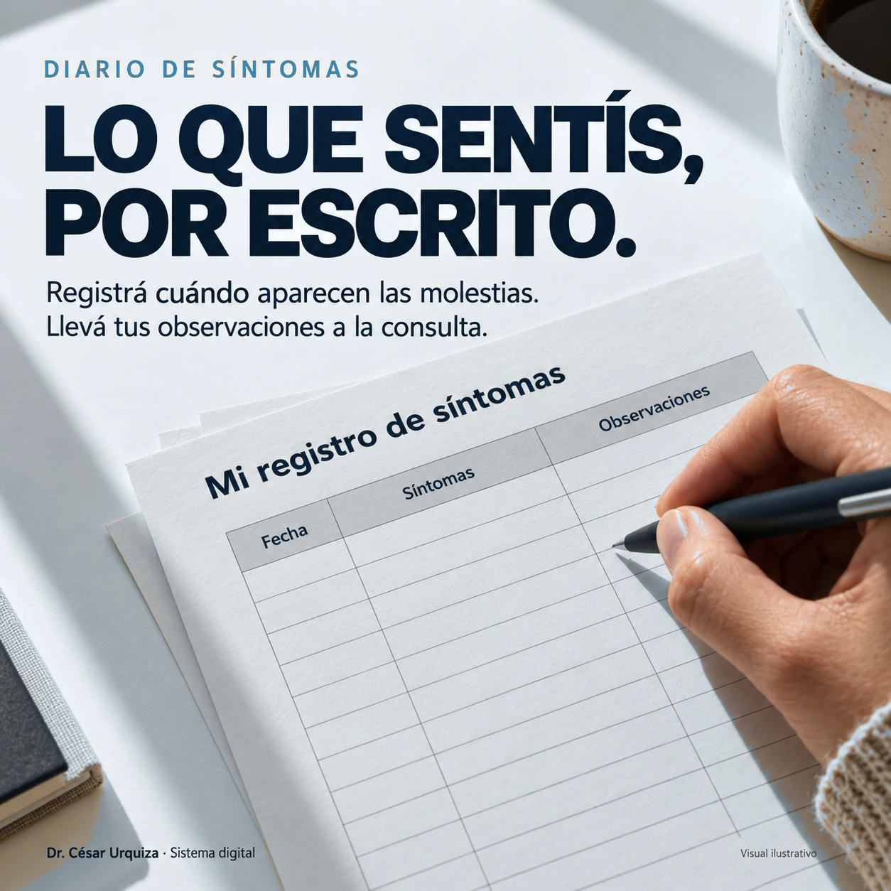 Diario de síntomas: registro de fecha, síntomas y observaciones. Visual ilustrativo.