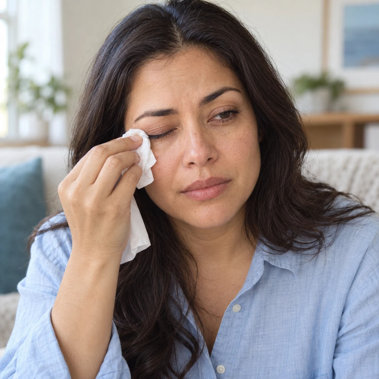 Mujer con molestias y lagrimeo en los ojos, escena ilustrativa